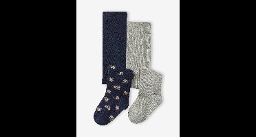 Set van 2 panty's voor babymeisjes, effen en met bloemmotieven nachtblauw