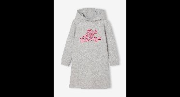 Meisjesjurk van sweatstof met capuchon en mooie details gemêleerd grijs