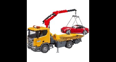 bruder Scania Super 560R sleepwagen met kraan en licht en geluid + roadster sportauto modelvoertuig