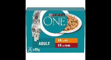 Purina ONE Kattenvoer Nat Fijne Malse Reepjes in Saus Kip - Rund 8 x 85 gr
