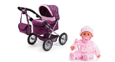 Bayer– Doll Stroller Trendy Purple + Doll First Words Baby Soft Pink 38 cm (Bundle)