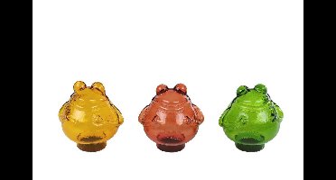 Sculptuur Kikker S geel/groen/oranje 3 assorti glas
