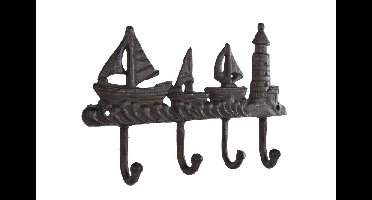 Wandhaak "Port" 4 haken oud bruin metaal 25,5x16,5x4 cm