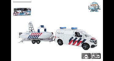 Kids Globe VW Transporter politie met boot NL die cast pull back 29cm