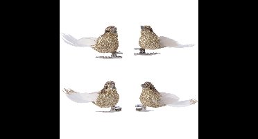 4x Decoratie glitter vogeltjes goud op clip 5 cm