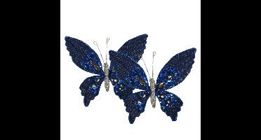 Decoris vlinders op clip - 2x stuks - donkerblauw fluweel - 15 cm