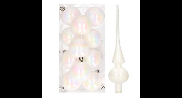 12x Parelmoer witte kunststof kerstballen met glazen piek glans