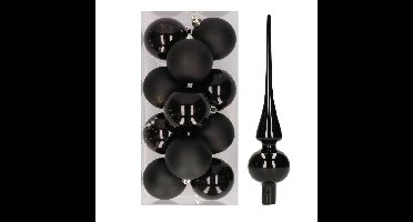 12x Zwarte kunststof kerstballen met glazen piek glans
