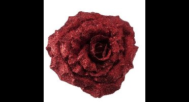 1x Kerstbloemen versiering rode glitter roos op clip 18 cm
