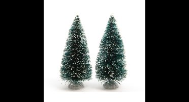 2x stuks kerstdorp onderdelen miniatuur kerstbomen groen 15 cm