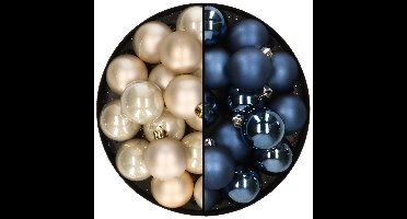 32x stuks kunststof kerstballen mix van champagne en donkerblauw 4 cm