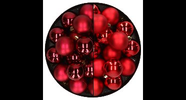 32x stuks kunststof kerstballen mix van donkerrood en rood 4 cm