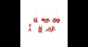 6x stuks houten kersthangers rood/wit wintersport thema kerstboomversiering