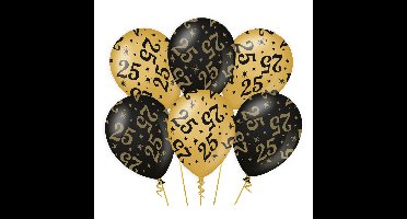 Ballonnen 25 jaar - 6x stuks - zwart/goud - leeftijd - 30 cm - versiering - verjaardag