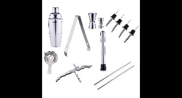 Cocktailshaker set - 14-delig - grijs - rvs - Complete cocktails maken set