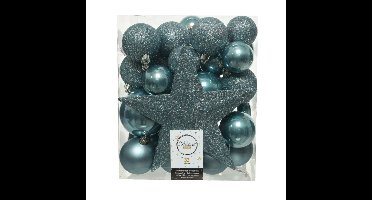 Decoris kerstballen set - 34-dlg - ijsblauw - incl. piek - kunststof - kerstversiering