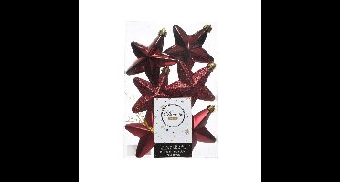 Decoris kersthanger sterren - 6x st - donkerrood - 7 cm - kunststof - kerstornamenten