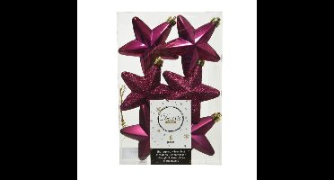 Decoris kersthanger sterren - 6x st - framboos roze - 7 cm - kunststof - kerstornamenten
