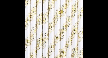 Drinkrietjes - papier - 10x - wit/goud bloemen - 19,5 cm - rietjes