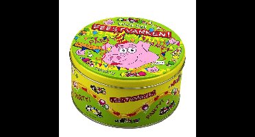 Feestvarken snoeptrommel/koektrommel met fun tekst - 14 x 7,5 cm - Cadeau - verjaardag