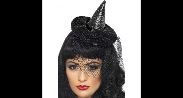 Halloween heksenhoed - op diadeem/haarband - zwart - glitter - one size - meisjes/dames