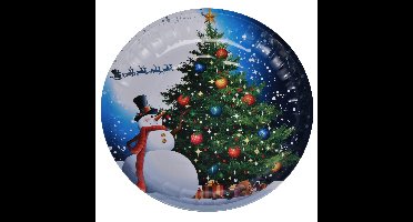 HI kinderbord met sneeuwpop - blauw/wit - metaal - 26 cm - kerstontbijt - kerstdiner - kerstartikele