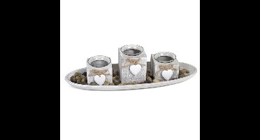 Kaarsen plateau/bord met 3 kaarsenhouders en deco stenen voor theelichtjes