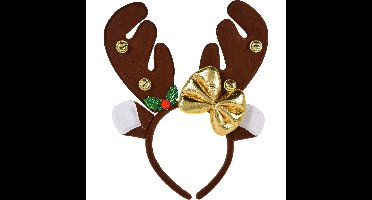 Kerst diadeem/haarband - rendier gewei met strikje - donkerbruin - 25 cm