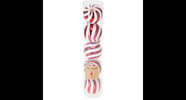 Kerstballen - 5x stuks - 8 cm - rood/wit - strepen - kunststof - kerstversiering