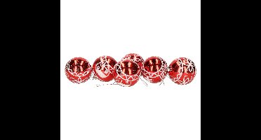 Kerstballen - gedecoreerd - 6x st - rood - kunststof - luxe - kerstversiering