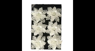 Kerstboom bloemen op clip - 6x stuks - wit - kunststof - kerstornamenten