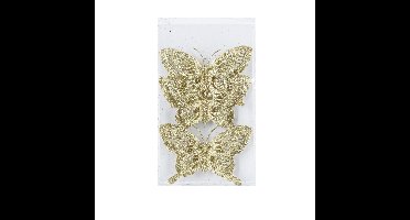 Kerstboomversiering Vlinder - 3x stuks - 14 cm - goud glitter - op clip