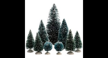 Kerstdorp kerstboompjes - 9x st - groen - 4-22 cm - kunststof - miniatuur boompjes