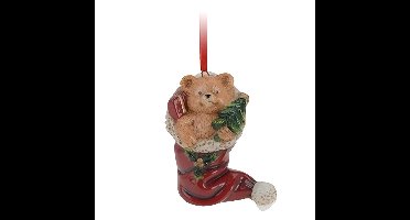 Kersthanger kerstmuts met beertje - rood - 8 cm - keramiek - kerstornament - kerstboomversiering