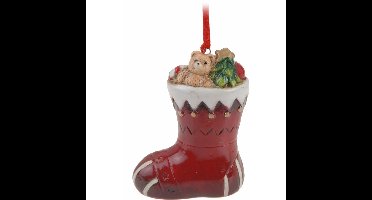 Kersthanger kerstsok met beer - rood - 8 cm - keramiek - kerstornament - kerstboomversiering