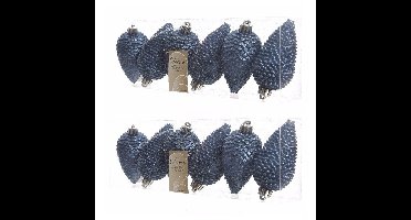 Kersthangers dennenappels - 12x st - donkerblauw - glitter - 8 cm - kunststof - kerstversiering