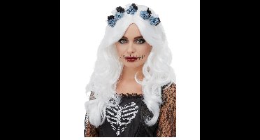 Luxe Day of the Dead dames pruik wit met bloemen