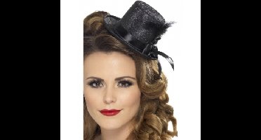 Mini hoge hoed - zwart - met veer - glitter - met elastiek - volwassenen