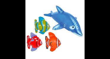 Opblaasbare dieren set - 3x stuks Opblaasbare vissen van 22 cm en 1x een dolfijn van 53 cm