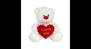 Pluche knuffelbeer cadeau - wit/rood I Love You hartje - 30 cm - Knuffelbeer - Valentijnsdag