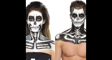 Schmink set Skelet - zwart/wit - make-up - inclusief 2x spons - halloween - carnaval