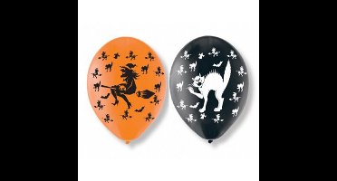 Set van 6x stuks Halloween ballonnen met heksen en katten print 27,5 cm