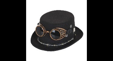 Steampunk hoed - met bril en ketting - zwart - polyester - voor volwassenen