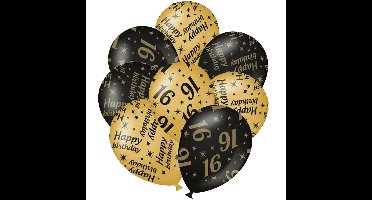 12x stuks leeftijd verjaardag ballonnen 16 jaar en happy birthday zwart/goud