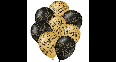 12x stuks leeftijd verjaardag ballonnen 75 jaar en happy birthday zwart/goud