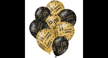 12x stuks leeftijd verjaardag ballonnen 80 jaar en happy birthday zwart/goud