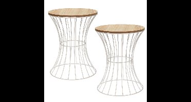 2x stuks bijzettafels rond metaal/hout wit D30 x H40 cm