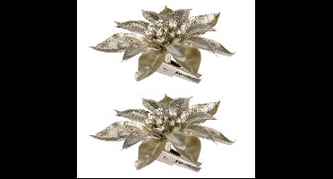 2x stuks decoratie bloemen kerstster champagne glitter op clip 9 cm