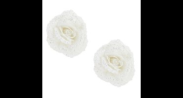 2x stuks decoratie bloemen roos wit glitter op clip 18 cm