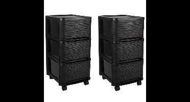 2x stuks ladenkast organizers zwart 3x lades met wieltjes L32 x B37 x H61 cm
